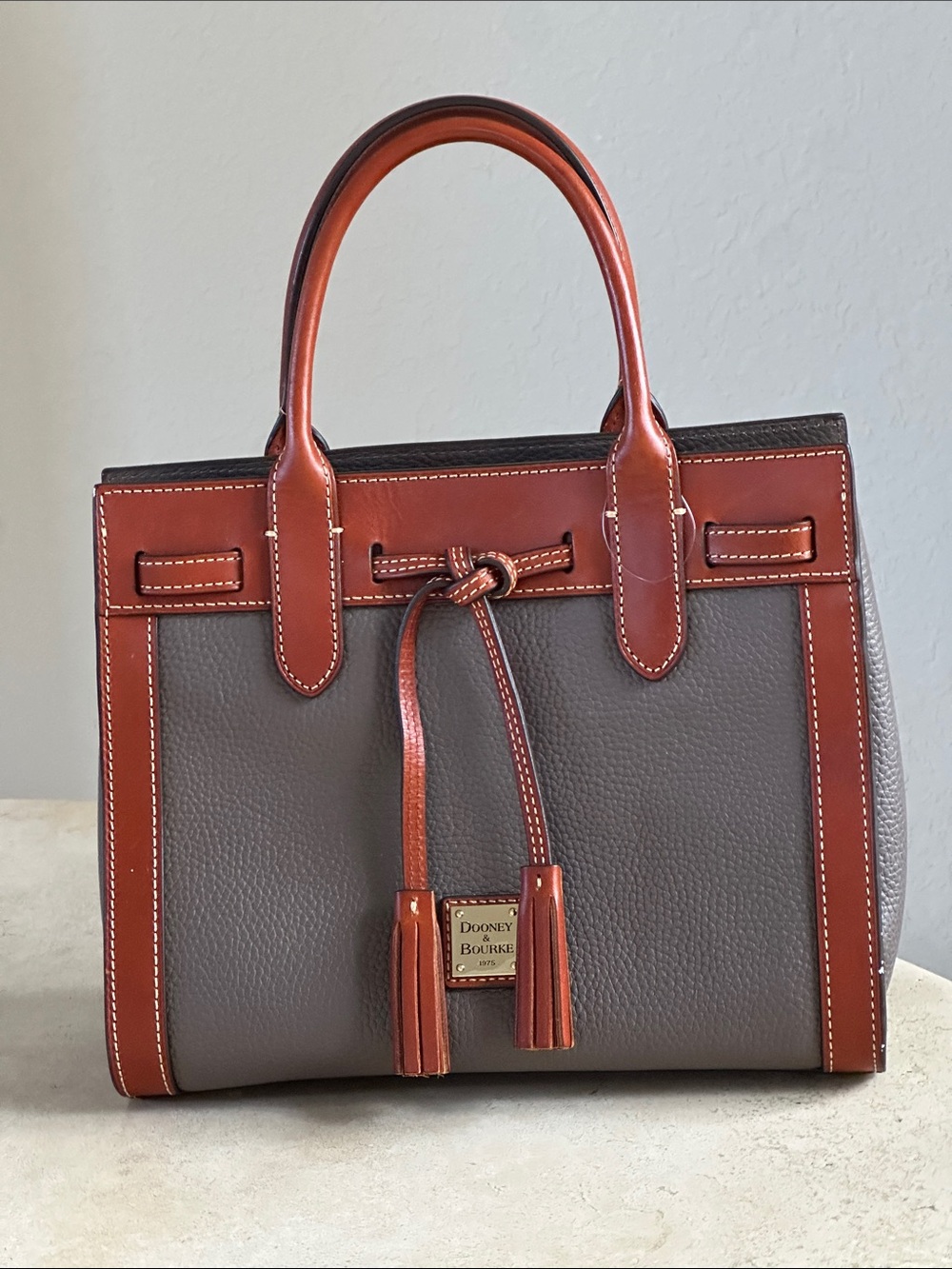 Dooney & Bourke Gray Satchel with Brown Trim